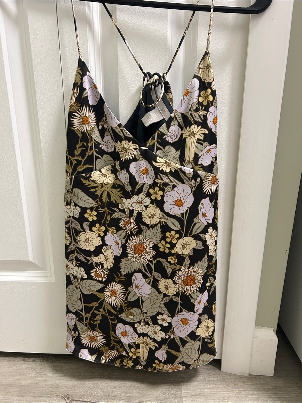 H&M Black Floral Satin Camisole with Cream and Lilac Flowers